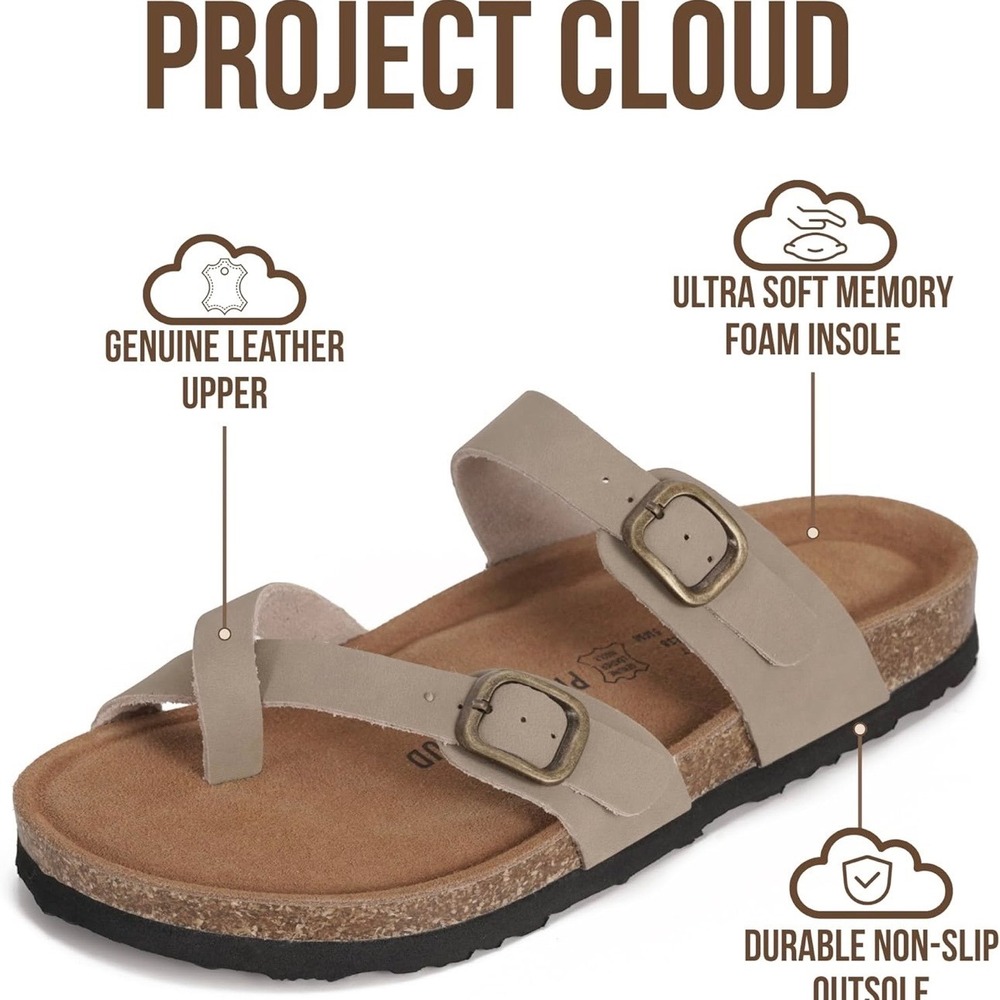 Project Cloud Womens Beige Lian Leather Memory Foam Toe Loop Sandals Size 9 - Picture 6 of 12